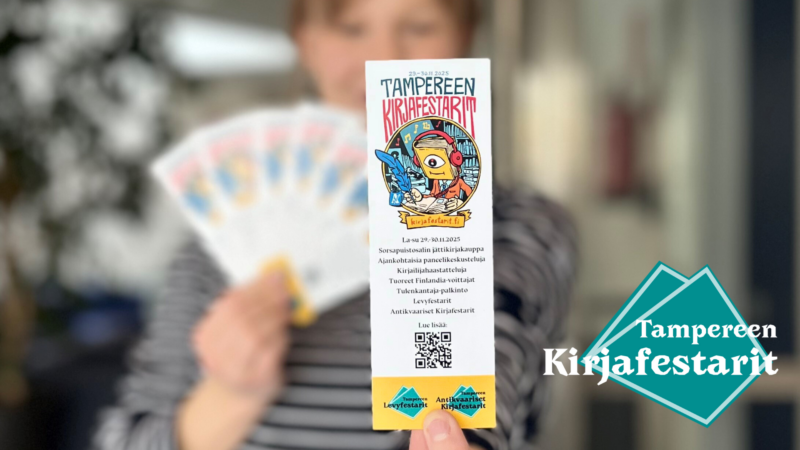 Tampereen kirjafestareiden kirjanmerkin kuvan on vuonna 2025 suunnitellut sarjakuvataiteilija Ville Pirinen.